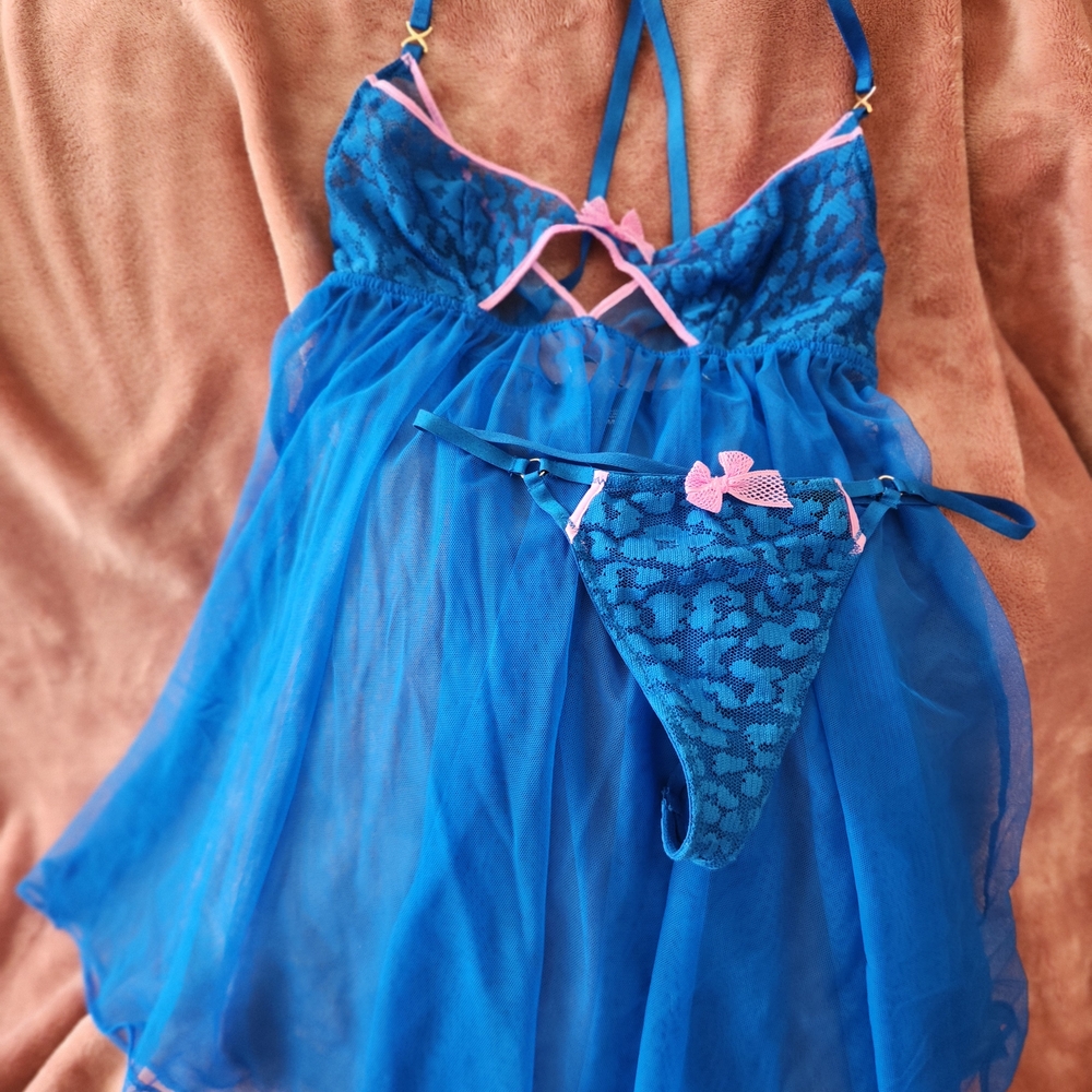 Victoria's Secret Blue and Pink Lace Chemise Set